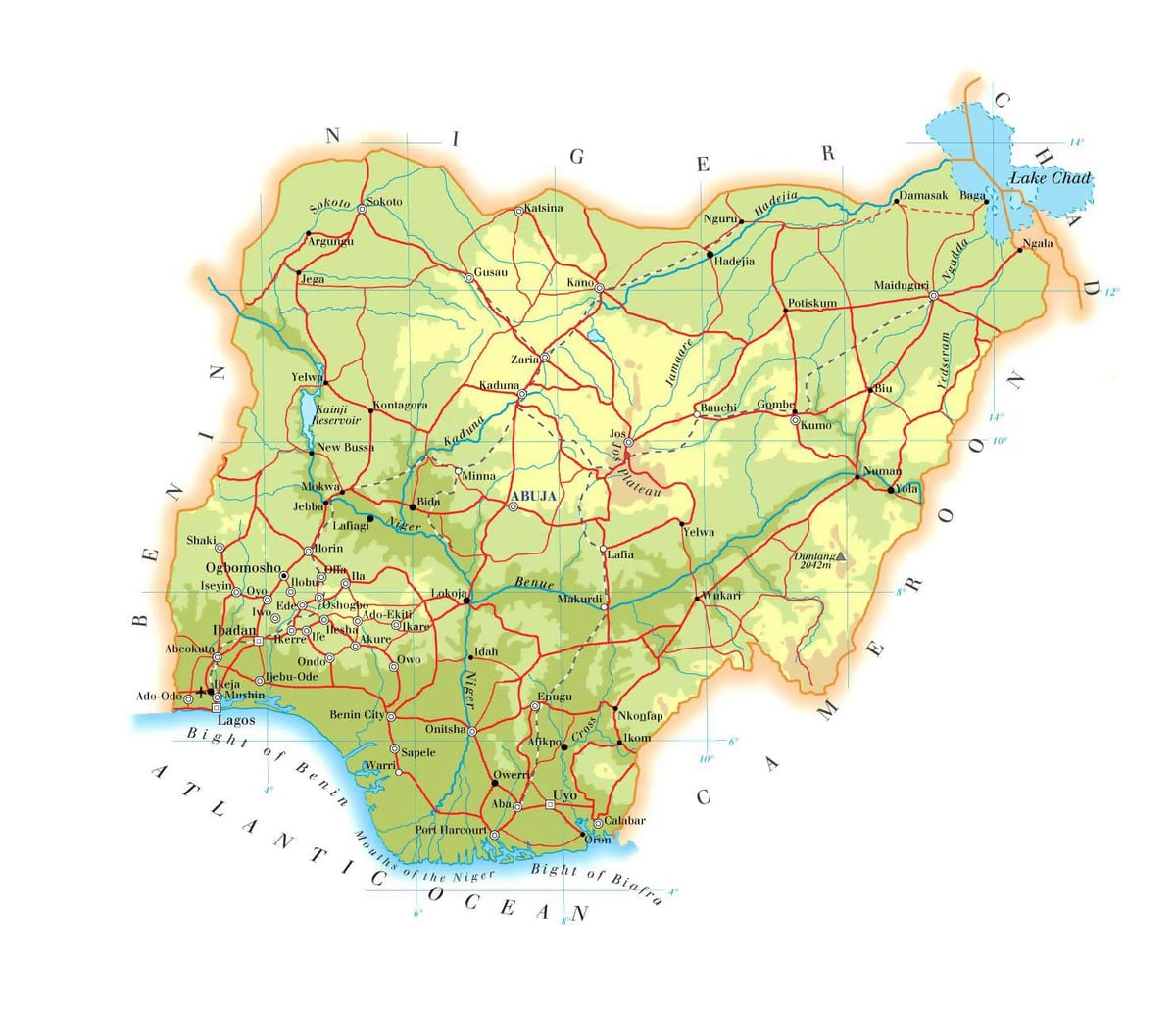 Mapa fyzickej nigéria