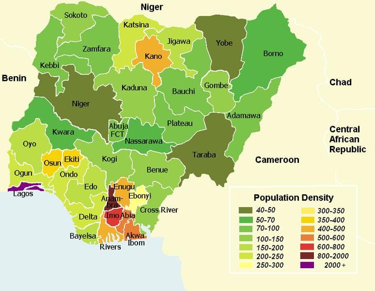Mapa nigéria ukazuje distribúciu obyvateľstva