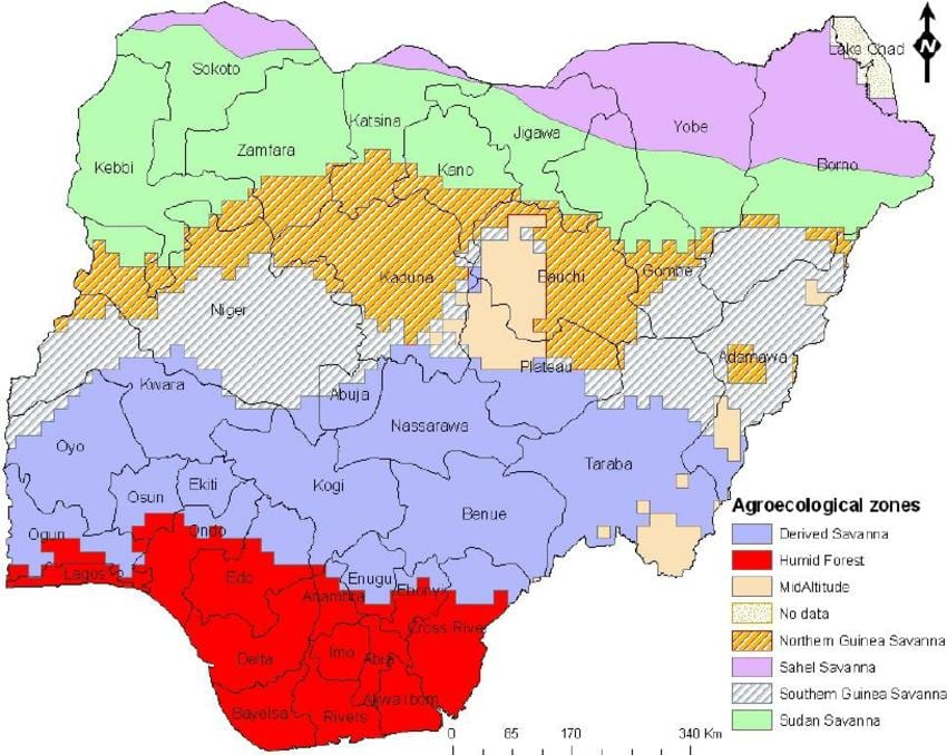 Mapa nigéria ukazuje ekologické zóny
