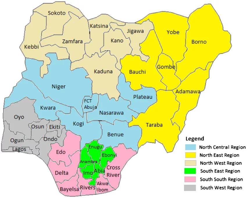 Mapa nigéria ukazuje geopolitických pásmach