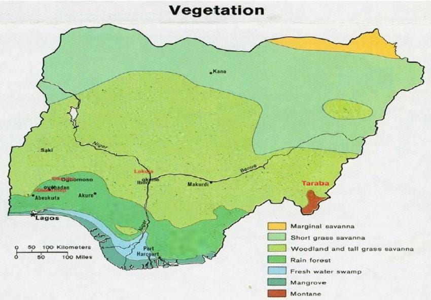 mapa nigéria ukazuje vegetácie
