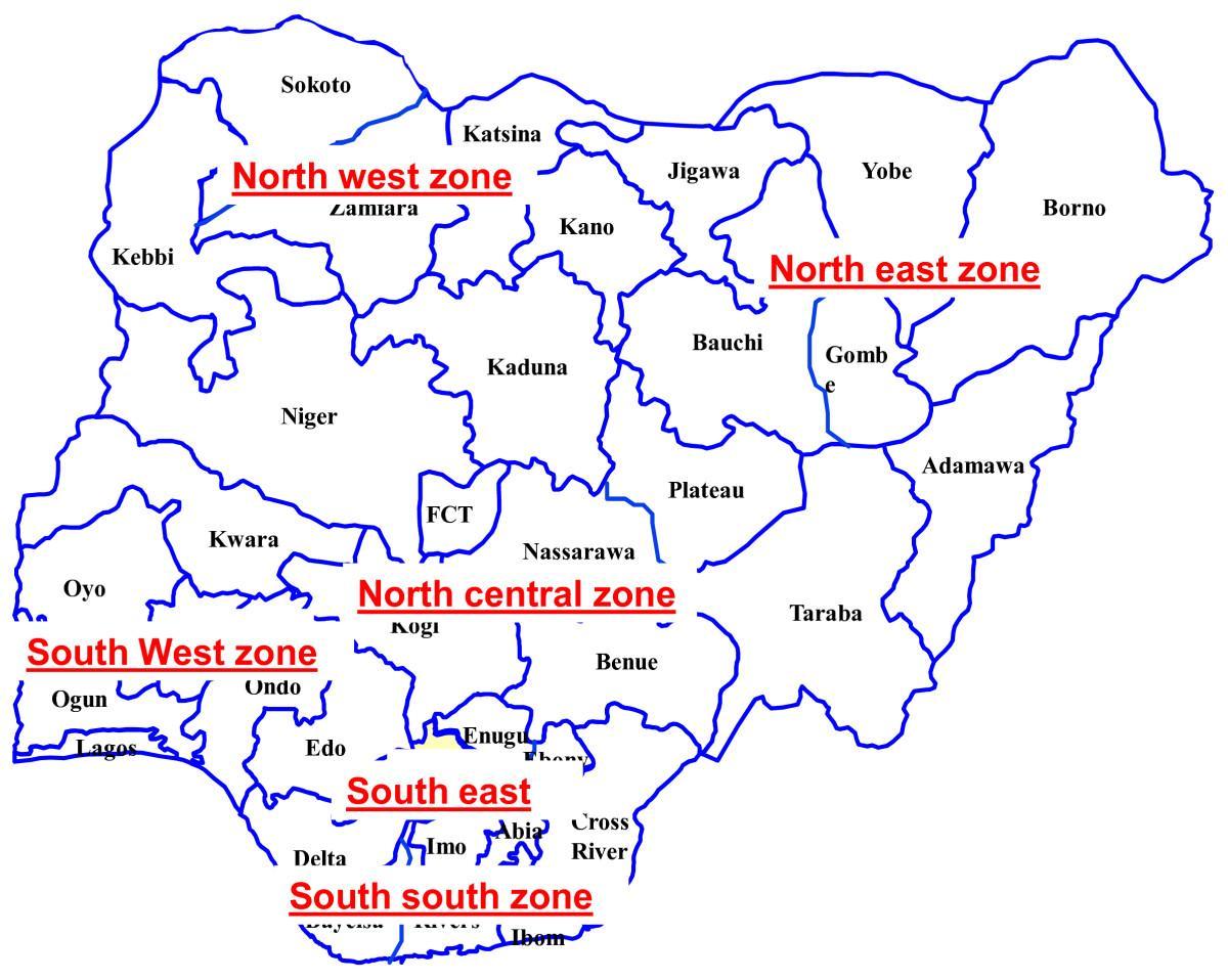 mapa nigéria ukazuje šesť geopolitických pásmach