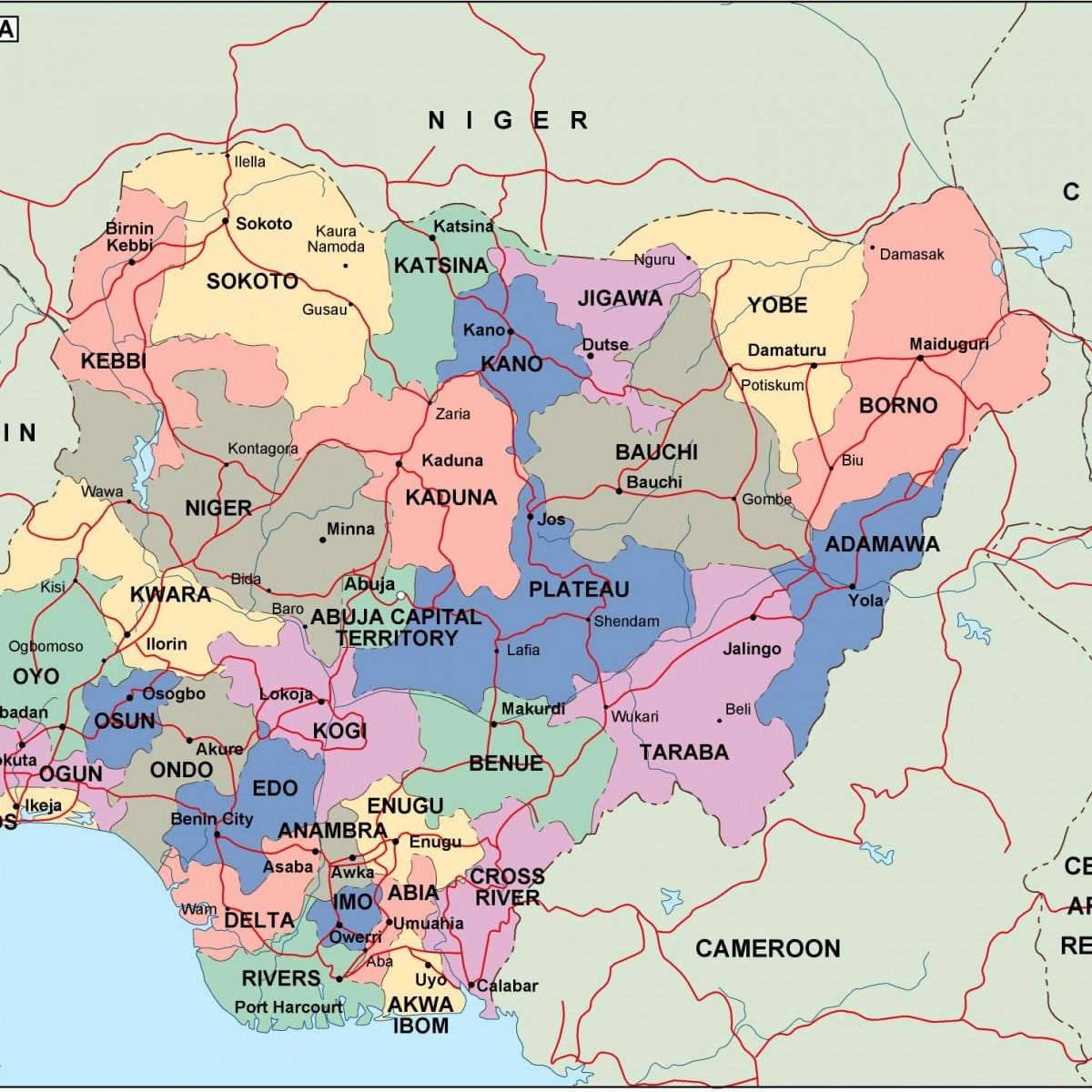 Mapa nigéria s štáty a mestá
