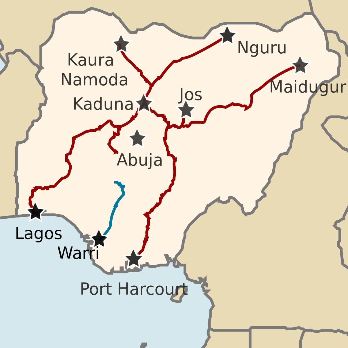 mapa nigéria ukazuje železničných tratí