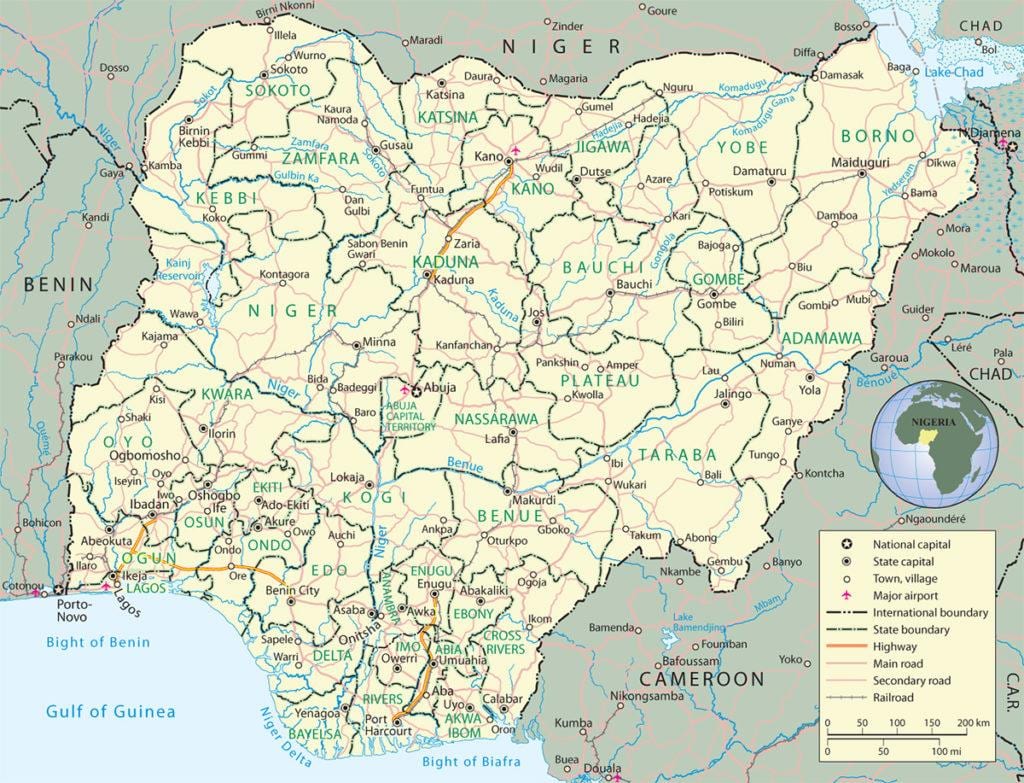 mapa nigéria ukazuje štáty a hlavné mestá