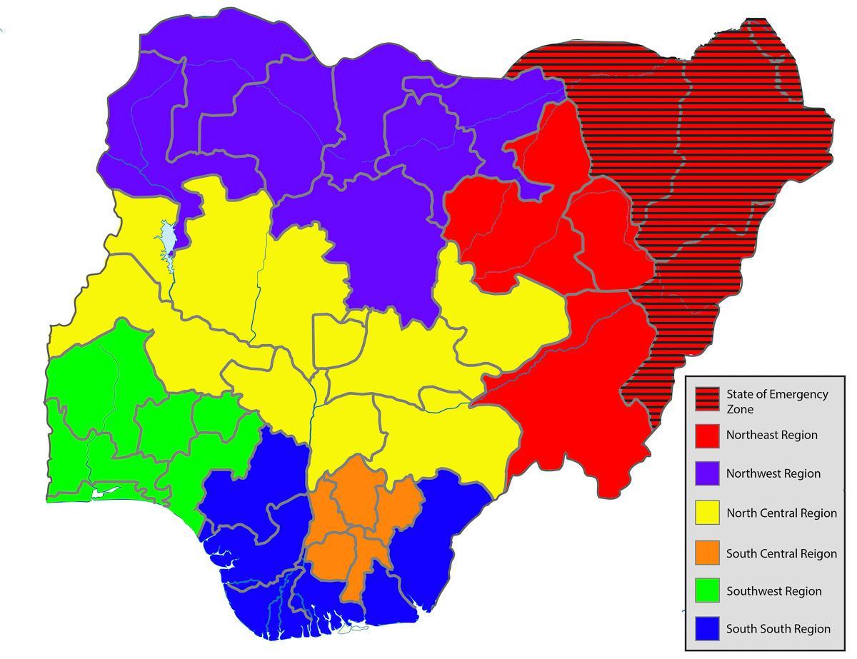 nigérijský mapa zobrazujúca štáty