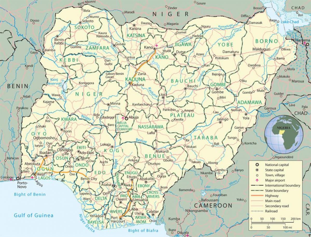 mapa nigéria ukazuje štáty a hlavné mestá