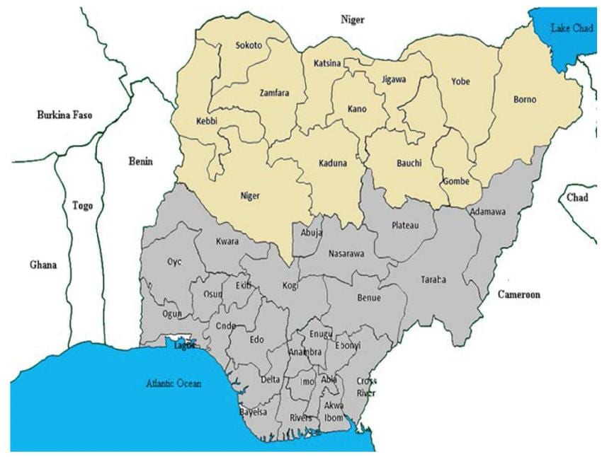 mapa severnej nigérie štáty
