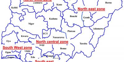 Mapa nigéria ukazuje šesť geopolitických pásmach