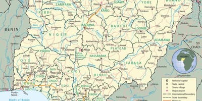 Mapa nigéria ukazuje štáty a hlavné mestá